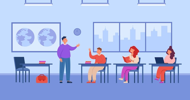 Free Vector classroom with happy teacher and school or college students. young boys and girls studying during lesson or class flat vector illustration. education, teamwork concept for banner or landing web page