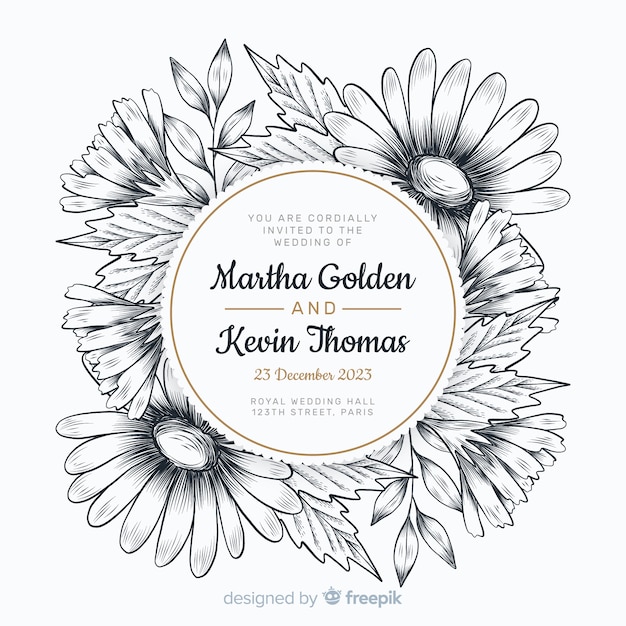 Free vector classy wedding invitation with hand drawn flowers