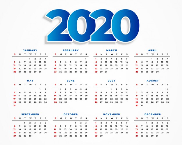 Clean 2020 calendar template design