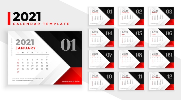 Vettore gratuito pulisci il design del calendario del nuovo anno 2021 nei colori rosso nero