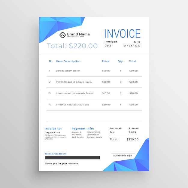 Free vector clean blue abstract low poly shapes invoice template