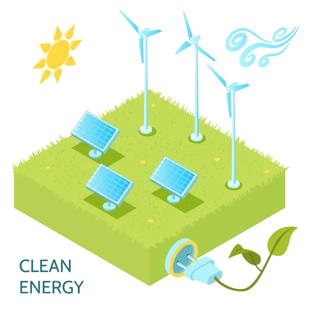 Бесплатное векторное изображение Изометрические концепции чистой энергии с символами солнечной и ветровой энергии изометрии