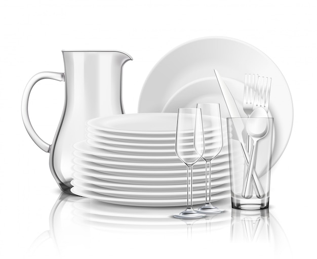 Бесплатное векторное изображение Чистая посуда реалистичная концепция дизайна с стопкой белых тарелок стеклянный кувшин и бокалы с иллюстрацией
