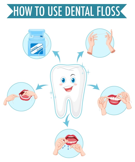 깨끗한 치아와 흰색 배경에 치실을 사용하는 과정