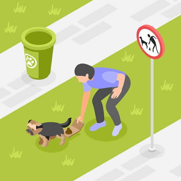 Pulisci dopo la composizione isometrica del tuo cane con il proprietario responsabile del cucciolo che raccoglie l'illustrazione vettoriale della cacca