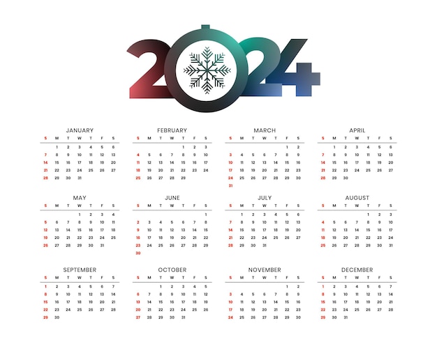 Vettore gratuito modello di calendario inglese bianco pulito 2024 con disegno vettoriale di fiocco di neve