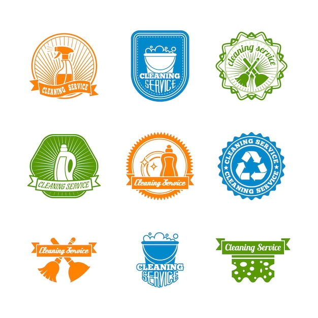 Cleaning dusting and sanitation color labels set of spray cleaner bottle  vector illustration