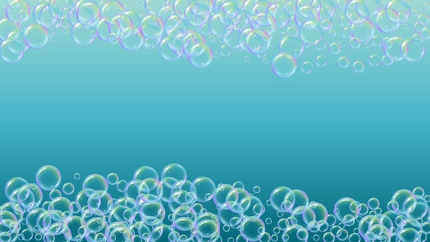 Бесплатное векторное изображение Чистящая пена мыльный пузырь моющая пена для ванны шампунь 3d векторная иллюстрация плакат модный спрей и брызги реалистичная водная рамка и граница синяя красочная жидкая чистящая пена
