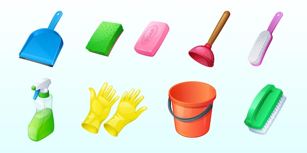 Vettore gratuito icone di pulizia con secchio spugna e spray
