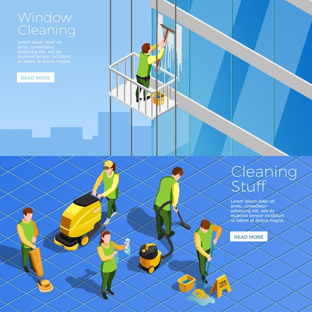 Free vector cleaning isometric horizontal banners