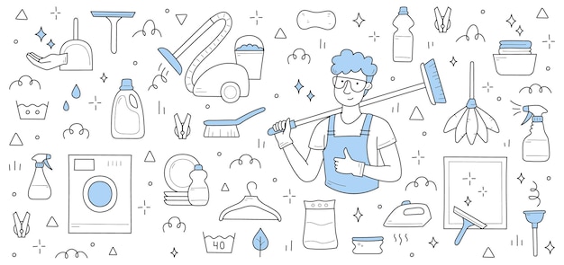 Cleaning service background with man worker in uniform washing machine vacuum cleaner spray and detergent vector hand drawn illustration of janitor with broom plunger brush iron and plates