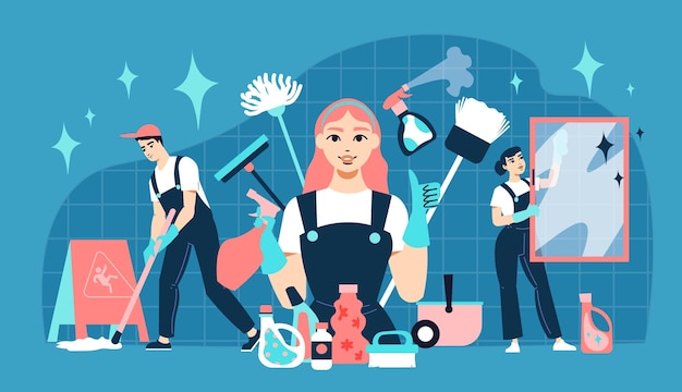 Free vector cleaning service flat composition with detergent tools and professional workers performing various housekeeping duties vector illustration
