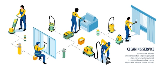 Free vector cleaning service infographics representing professional cleaning company with modern equipment isometric vector illustration