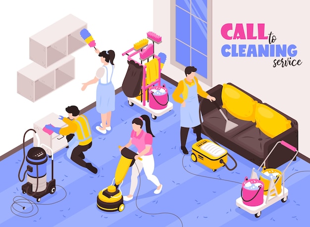 Free vector cleaning service isometric advertising composition with professional team at work with vacuum cleaners sponge duster  illustration