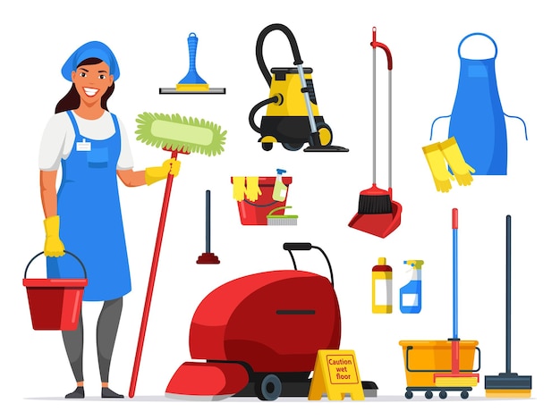 Free vector cleaning service items set woman staff and equipment cartoon bucket mop gloves apron rag cleaner vacuum cleaner washing vacuum cleaner plunger scrubber broom dustpan