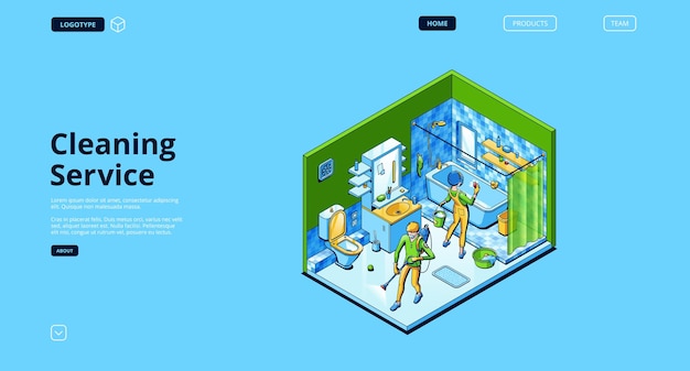 Cleaning service landing page with isometric people with spray and sponge in home bathroom