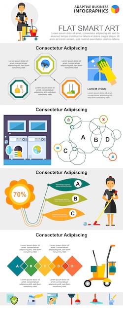 Cleaning service and management concept infographic charts set