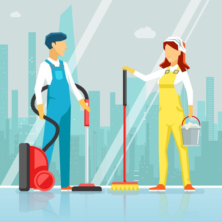 Free Vector cleaning staff with cleaning equipment. profession staff, woman and man cleaning window,   illustration