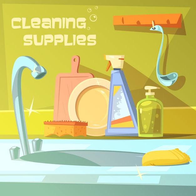 Cleaning supplies cartoon background