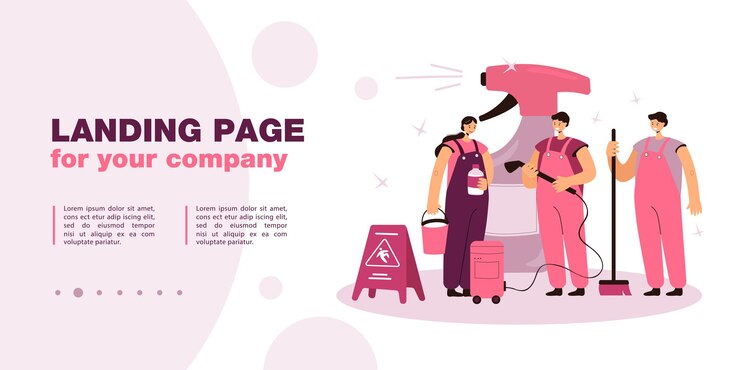 Free Vector cleaning team standing next to huge bottle of detergent. cleaning staff in uniform with vacuum cleaner, mop, broom flat vector illustration. service, housework concept