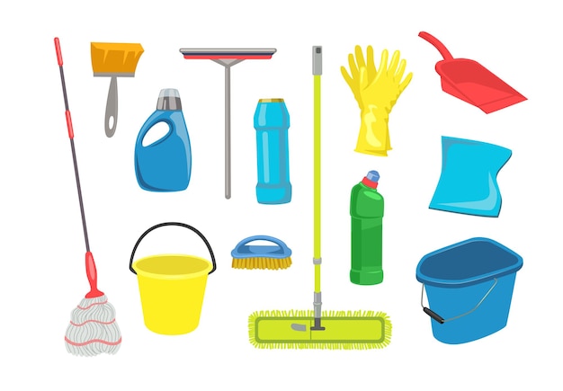 Cleaning tools for housework cartoon illustration set. Colorful broom, mop, sweeper, rubber gloves, dustpan, floor wash bucket, sponge, cleaner and cloth isolated on white background. Hygiene concept