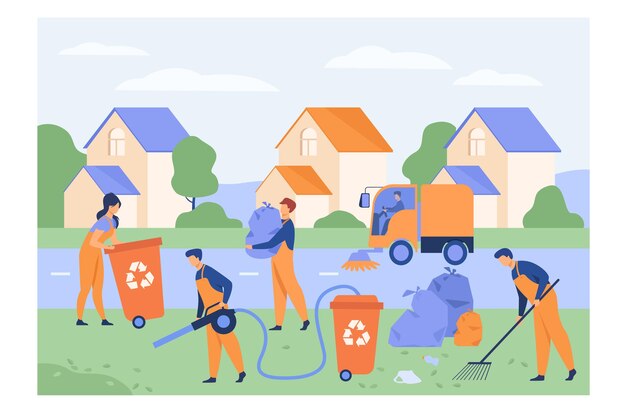 cleaning workers picking up litter on suburban street, washing road, carrying bag with garbage to trash bin