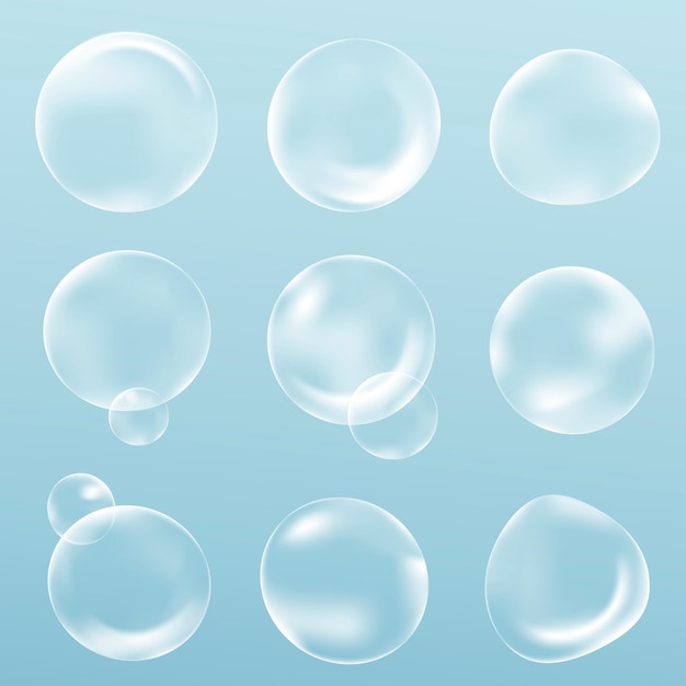 Set di vettori di elementi di design a bolle trasparenti su sfondo blu