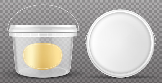노란색 라벨 및 흰색 뚜껑이있는 투명한 플라스틱 버킷