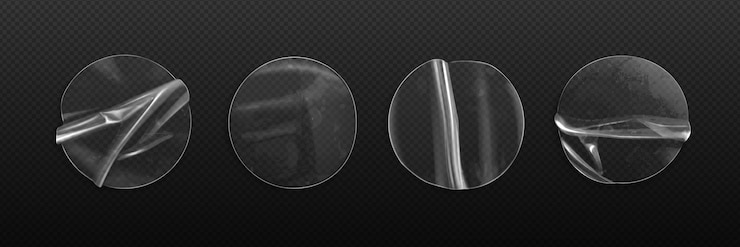Free Vector clear round transparent plastic duct tape sticker vector set sticky film patch texture mockup 3d realistic glue piece overlay wrap effect circle peel stick wrinkled icon template with air bubble