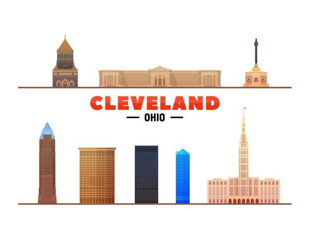 Cleveland Ohio USA most famous landmarks on white background Vector Illustration Business travel and tourism concept with modern buildings Image for banner or web site