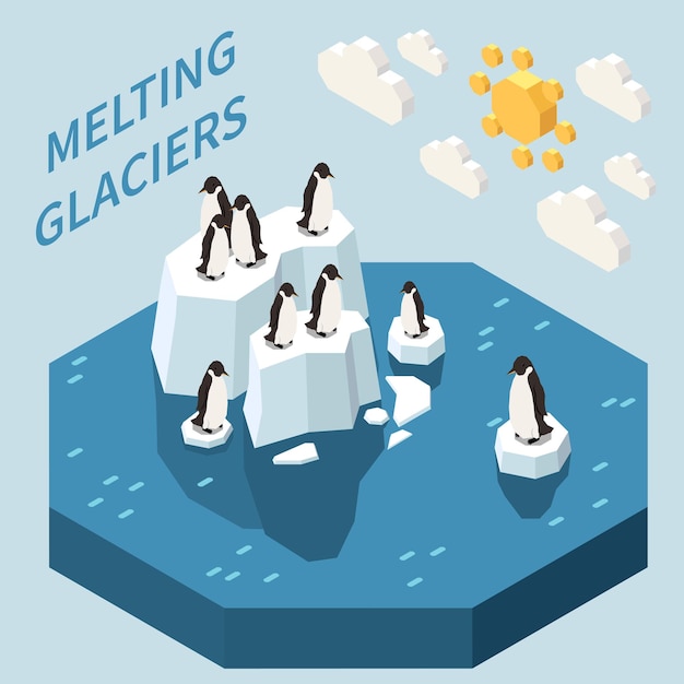 Sfondo isometrico del cambiamento climatico con un gruppo di pinguini sullo scioglimento dei ghiacciai 3d illustrazione vettoriale