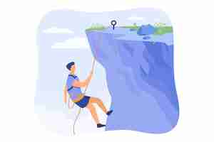 Free vector climber hanging on rope and pulling himself on top of rocky mountain wall. extreme mountaineer climbing on cliff. for sport, outdoor activity, risk, alpinist concept