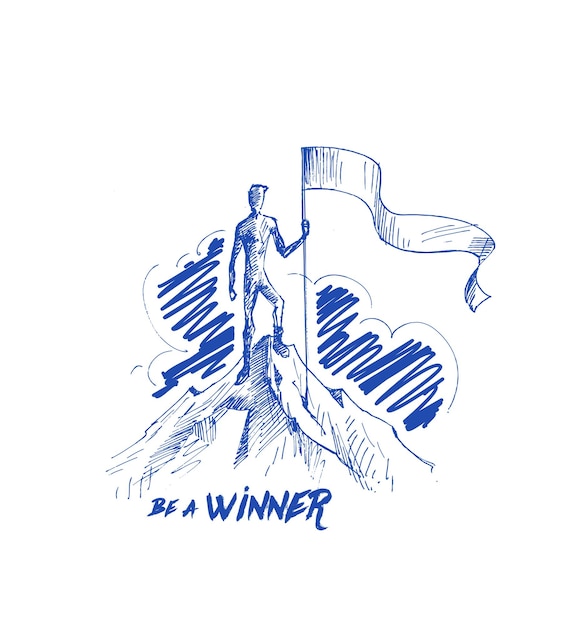 Climber with flag conquering top of mountain Hand Drawn Vector Background