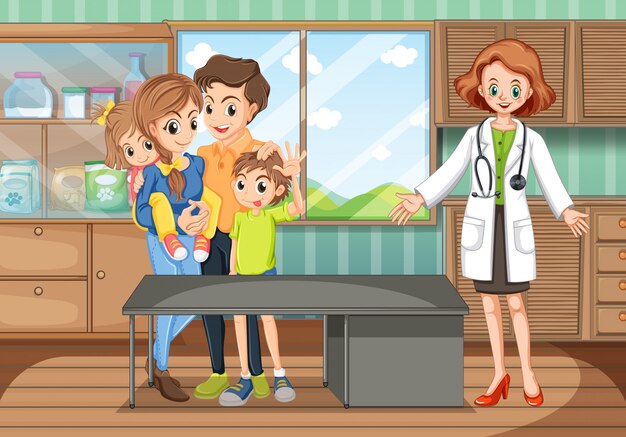 Clinic scene with doctor and family