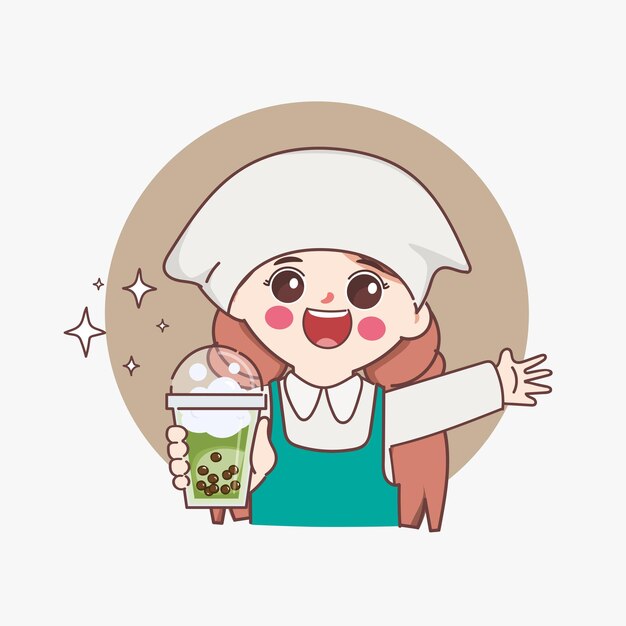 Clipart cute barista selling brown sugar bubble milk tea drink at shop