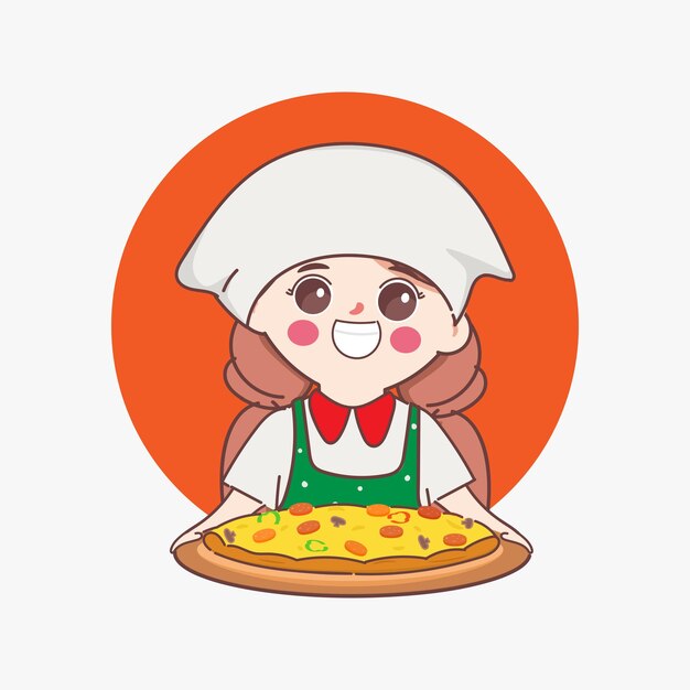 Clipart cute chef selling pizza at shop Vector character people design