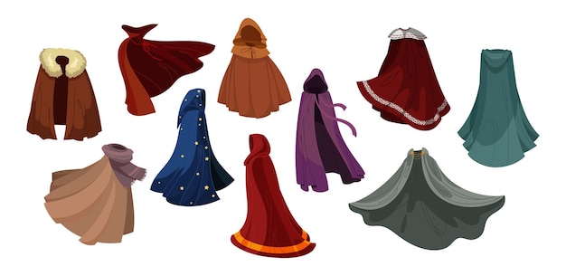 Cloaks of magic characters set. vector illustrations of clothes flying on wind. cartoon dracula cloak, superhero cape with hood and mantle of king isolated on white. fantasy, accessory concept