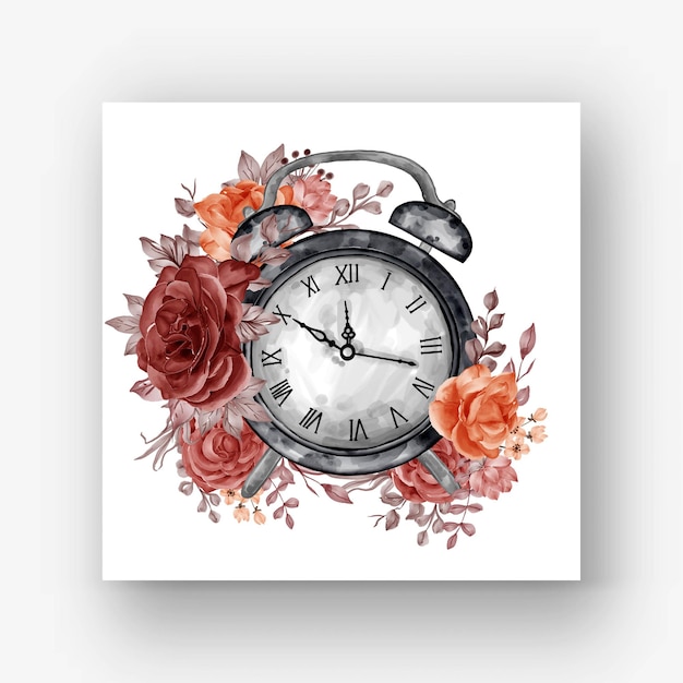 Clock alarm rose flower autumn fall watercolor illustration