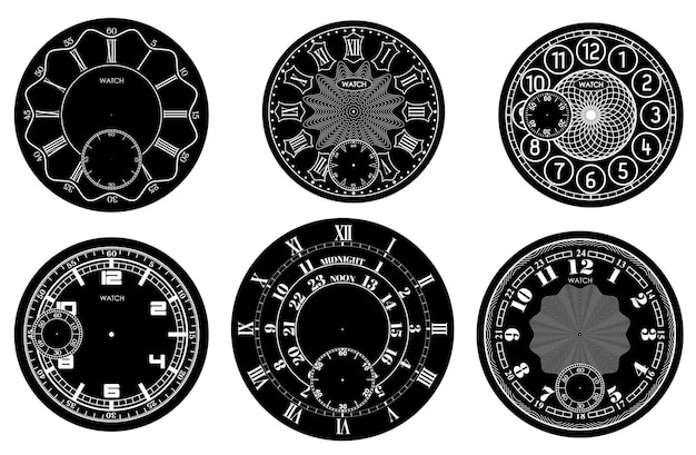 白い背景で隔離の文字盤ブランクセット。ベクトル時計のデザイン。ヴィンテージローマ数字時計のイラスト。黒丸に白の数字の丸い目盛り。