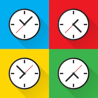 時計タイマー。ベクトル分離イラスト。ベクトルクロックのセット。ビジネスウォッチ。トレンディなフラットなデザインコンセプト。色付きの背景。影のイラストとオフィス時計。 eps 10