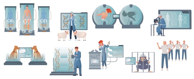인간 배아, 양, 개 및 과학자 터 일러스트레이션을 가진 방의 평평한 고립 구성으로 복제 유전학 세트