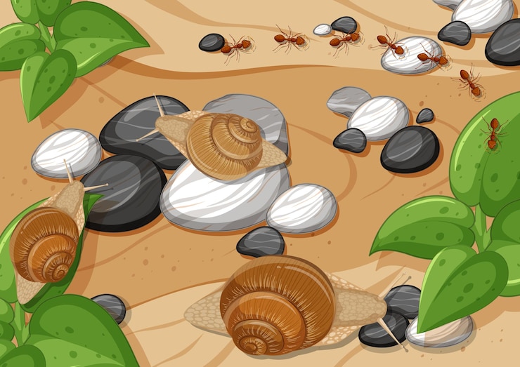 Free Vector close up aerial scene with many snail and ants