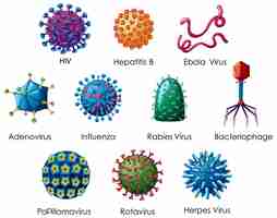 Free vector close up isolated object of different types of virus