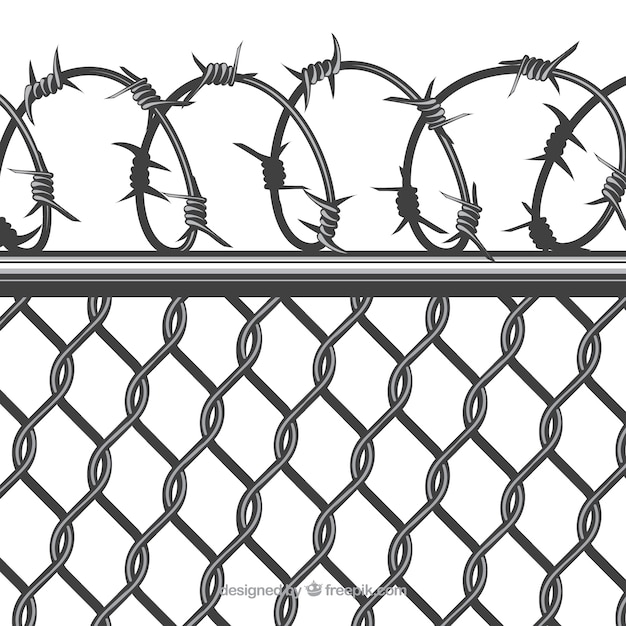 Close up of metal fence with barbed wire