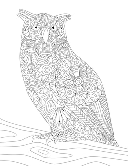 Close up owl standing on a branch looking side colorless line drawing nightowl looks sideward