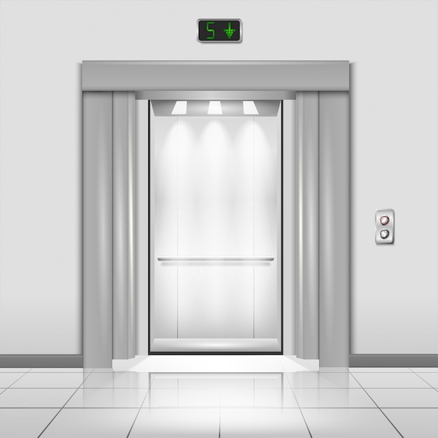 Closed chrome metal office building elevator doors with rays of light in the cab