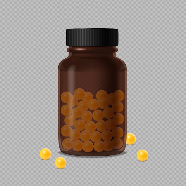 Бесплатное векторное изображение Закрытая медицинская коричневая стеклянная бутылка и желтые витамины