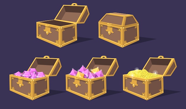 Closed and open colorful treasure chests flat icon set. cartoon bright pirate chests with gems and coins isolated vector illustration collection. game trophy and ui elements