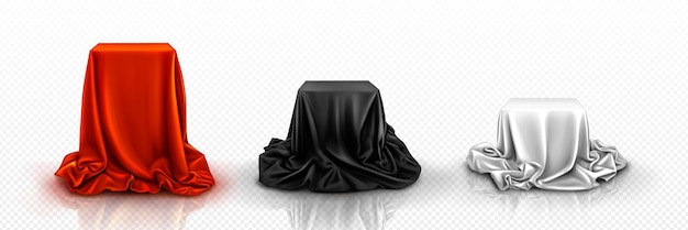 Free vector cloth cover to reveal 3d podium box red and black 3d silk fabric for hidden surprise mystery satin cube above to unveil isolated vector cube pedestal hide with silver drapery tablecloth concept