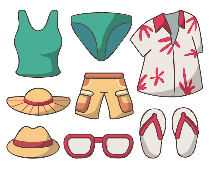 無料Vector 服やアクセサリーの夏のファッションアイコンは、ソンブレロと短い描画漫画スタイルのベクトル図を泳ぐことで女性と男性のために設定します